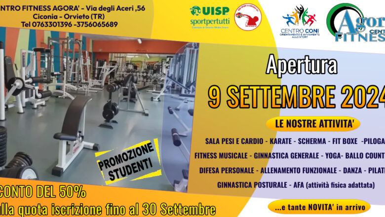 Centro Fitness Agorà, apertura 9 settembre